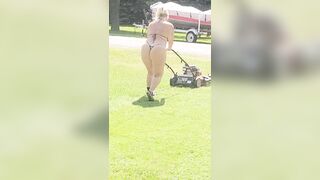 Got back to find wife mowing in a thong bikini, her ass and thighs jiggling with every step