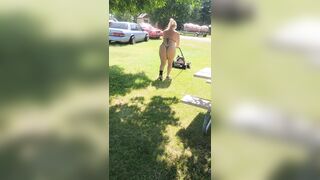 Got back to find wife mowing in a thong bikini, her ass and thighs jiggling with every step