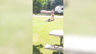 Got back to find wife mowing in a thong bikini, her ass and thighs jiggling with every step