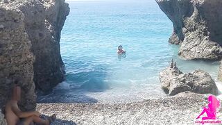 Teasing a stranger on the beach