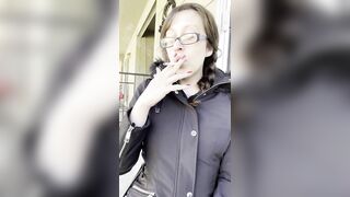 Goddess D Smoking Marlboro Light 100 Outside with Glasses on