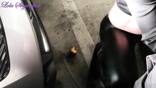 Risky public sex part 2, hard fuck in public car park, huge cumshot on my leather leggings