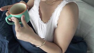 stepson visits stepmom in her bed to bring her coffee and touches her