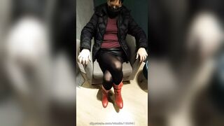 Fully dressed crossed legs orgasm in a store