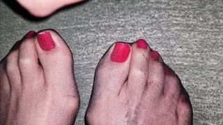 Cum on nylon red toenails...