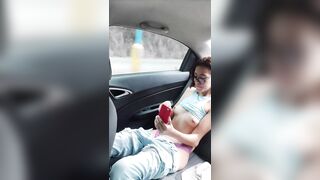 my boyfriend asks me to record myself showing my tits and pussy for him in the back seat of the car