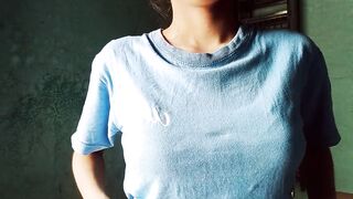 Lonely girl looking at her tits