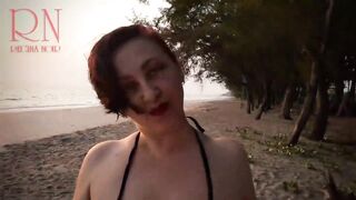 Nice Lady at Lonely Nudist Beach. Red Swimsuit. Red Bikini.