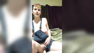 Watch me Play with my Dildo Topless in Cute Overalls Partially Clothed